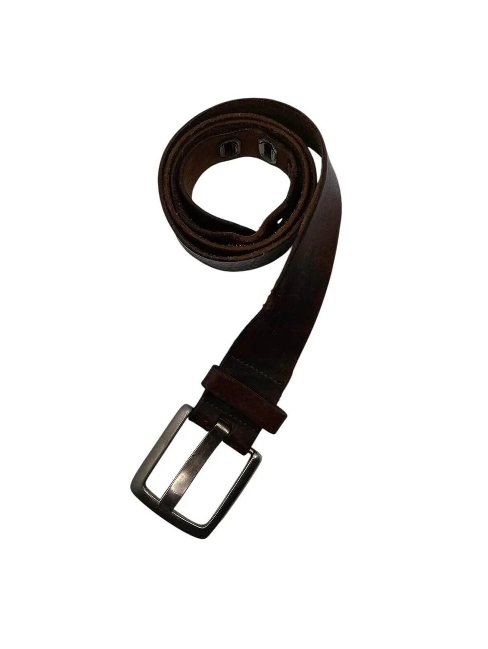 Vintage Mens Sz L Dark Brown Leather Belt w/ Brushed Silver Buckle Accents